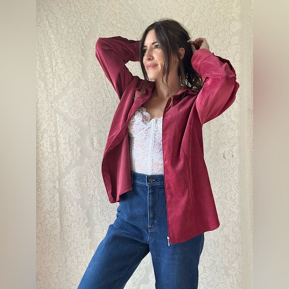 Croft & Barrow Raspberry Red Faux Suede Ribbed Zip-up Lightweight Jacket